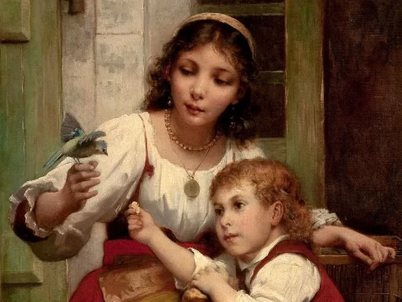 1846-François Lafon - Bambina e madre con un uccellino